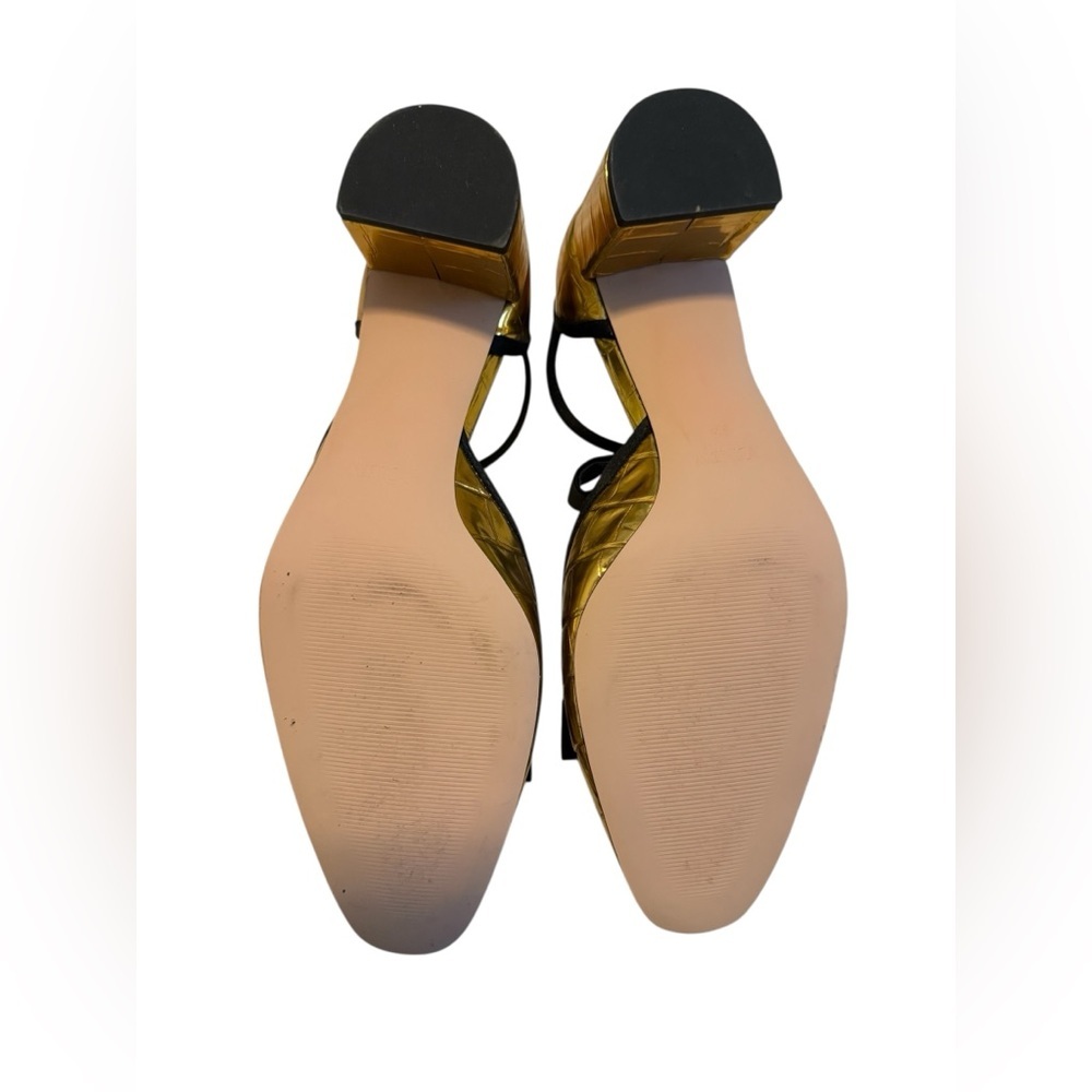 Millie Bow Ankle-Strap Heels in Metallic Croc-Embossed Leather in Gold Size 8.5 - Picture 11 of 13